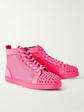 Christian Louboutin - Louis Spiked Suede-Trimmed Mesh High-Top Sneakers - Pink